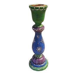 7" Colorful Wooden Candle Holder Snowflakes Purple Blue Hand Painted Made/USA
